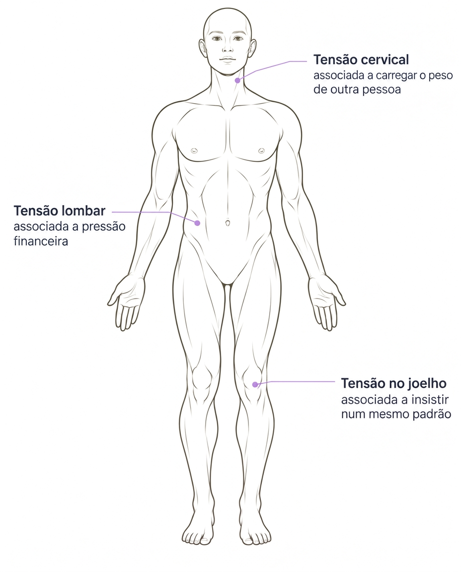 Ilustração de um corpo humano com três tensões marcadas: cervical, lombar e joelho, cada uma associada a uma possível origem
